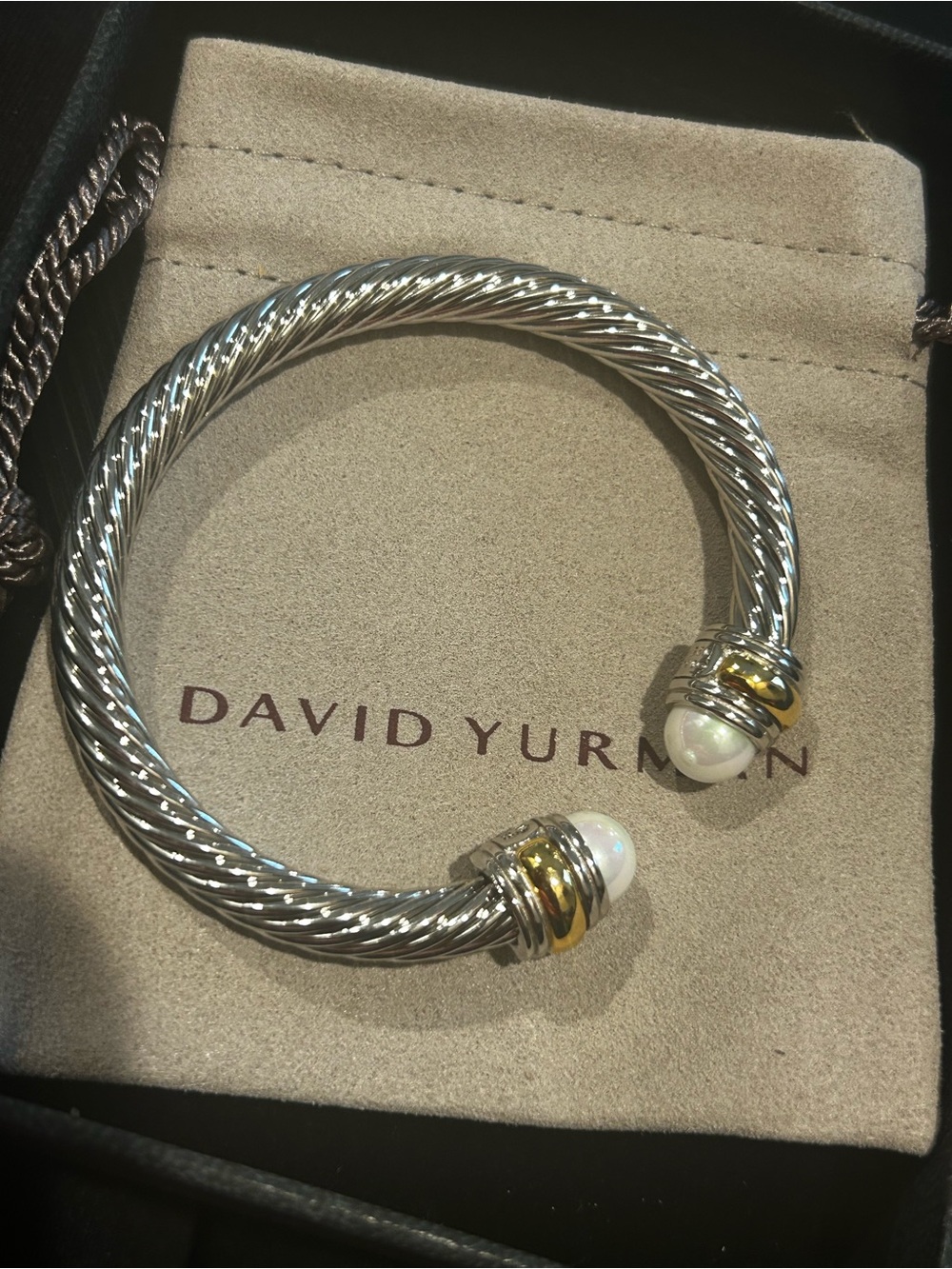 David Yurman Two-Tone Cable Pearl Cuff Bracelet - Silver and Gold